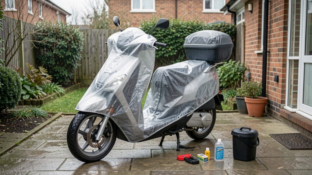 Scooter 125 protégé à l’extérieur avec une housse imperméable, un antivol de roue et un équipement d’entretien compact.