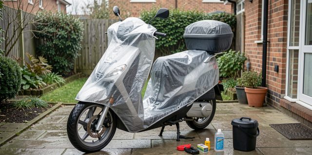 Scooter 125 protégé à l’extérieur avec une housse imperméable, un antivol de roue et un équipement d’entretien compact.