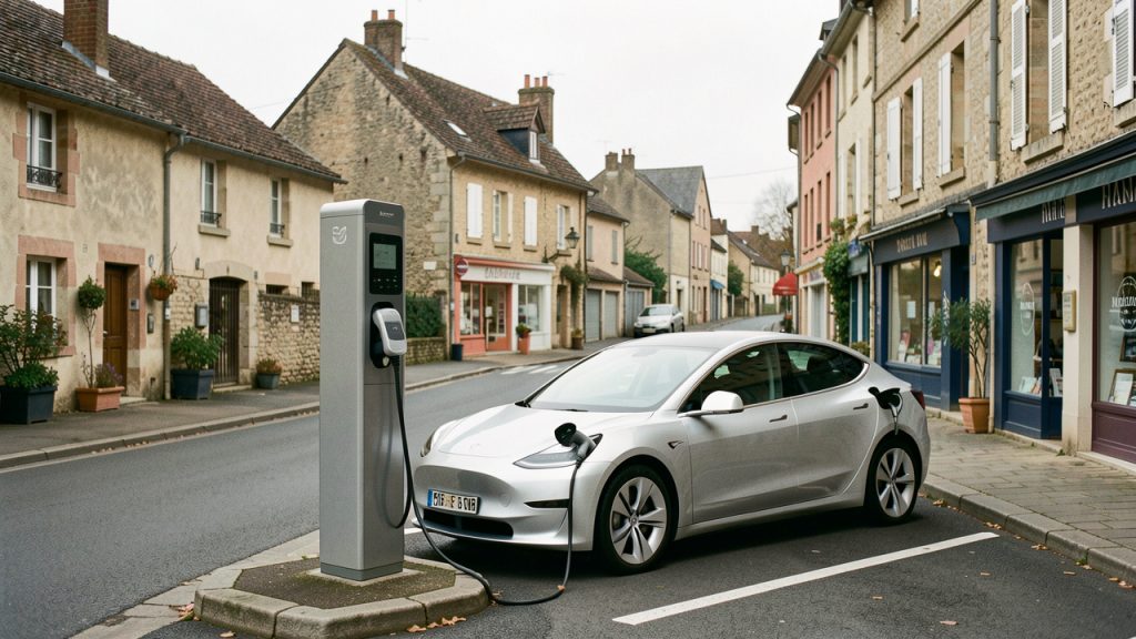 Voiture électrique branchée à une borne de recharge publique dans une rue d’une petite ville française.