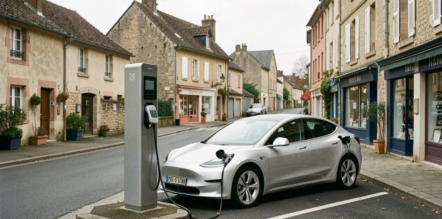 Voiture électrique branchée à une borne de recharge publique dans une rue d’une petite ville française.