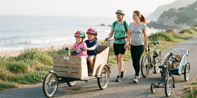 Un garçon et une fille portant des casques voyagent dans un vélo cargo sur un chemin côtier, avec un vélo longtail et une remorque pour enfants stationnés à proximité.
