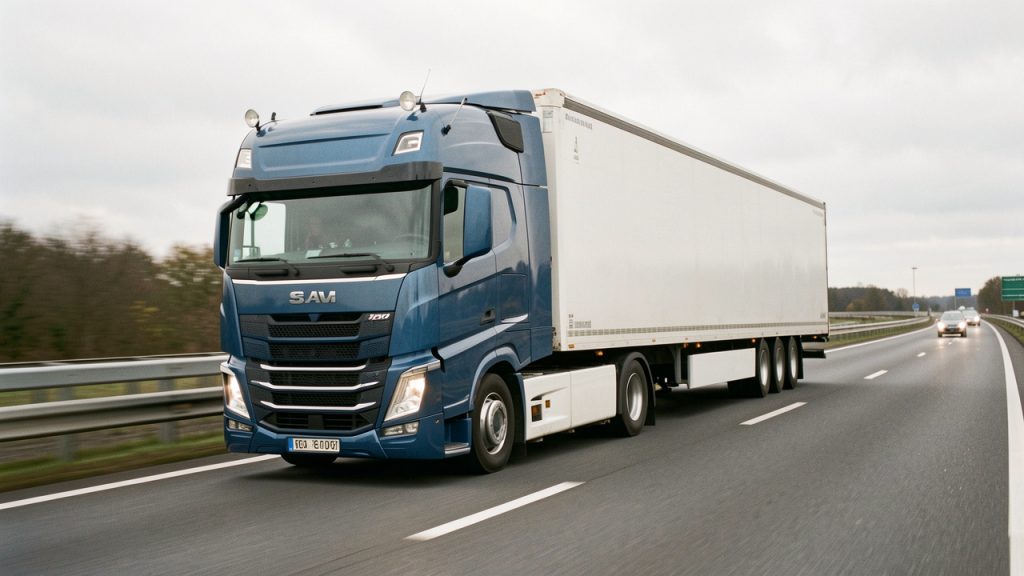 Tracteur routier moderne avec semi-remorque roulant sur une autoroute française, vu de trois quarts dans une ambiance réaliste de transport professionnel.