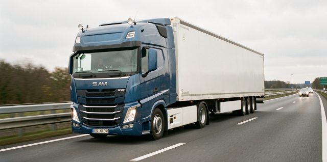 Tracteur routier moderne avec semi-remorque roulant sur une autoroute française, vu de trois quarts dans une ambiance réaliste de transport professionnel.