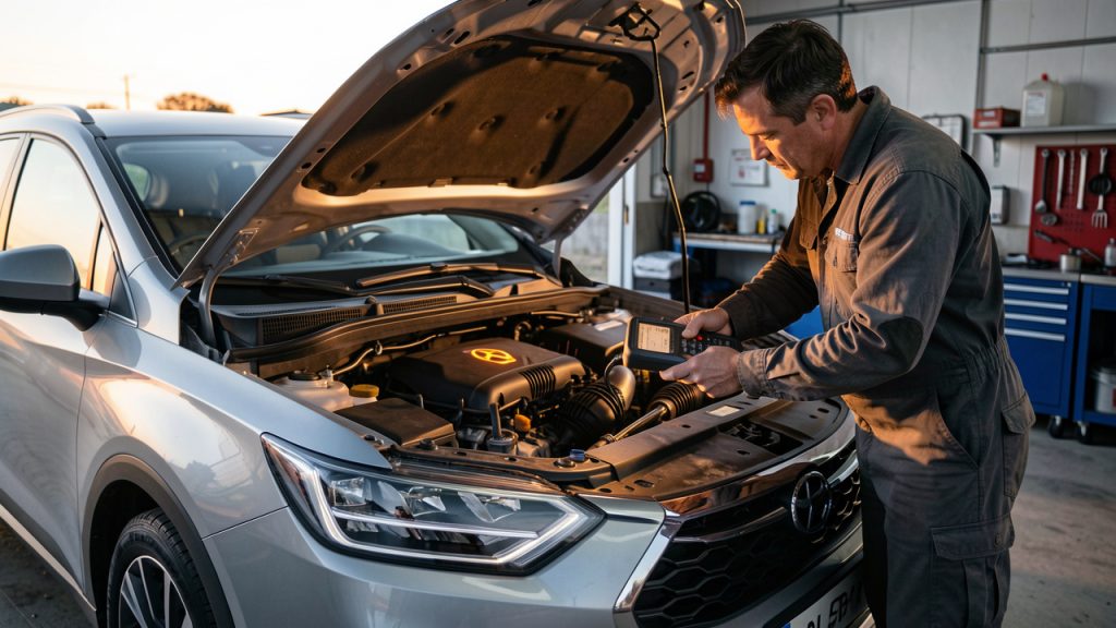 Voiture diesel stationnée à l’aube, avec un voyant antipollution orange visible sur le tableau de bord tandis qu’un mécanicien inspecte le moteur avec un appareil de diagnostic.