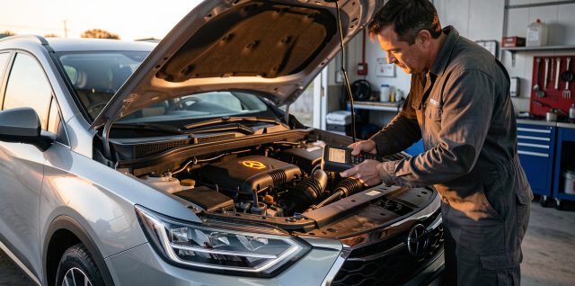 Voiture diesel stationnée à l’aube, avec un voyant antipollution orange visible sur le tableau de bord tandis qu’un mécanicien inspecte le moteur avec un appareil de diagnostic.