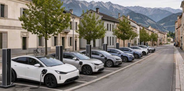 Vue réaliste de Chambéry avec des voitures électriques stationnées près de bornes de recharge, sur fond de montagnes alpines dans une ambiance urbaine lumineuse.