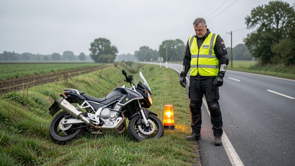 Un homme portant un gilet haute visibilité se tient près de sa moto couchée sur l'accotement d'une route de campagne, avec une balise lumineuse à proximité.