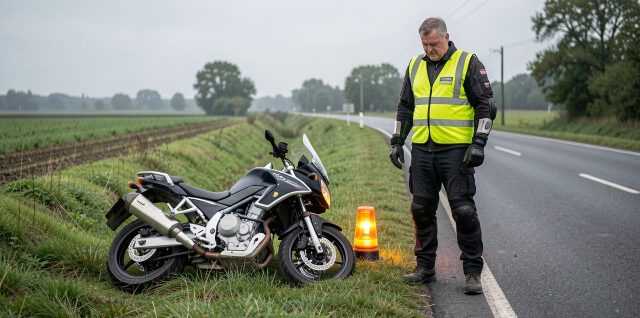 Un homme portant un gilet haute visibilité se tient près de sa moto couchée sur l'accotement d'une route de campagne, avec une balise lumineuse à proximité.