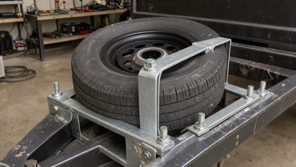 Support métallique galvanisé fixé sur le timon d’une remorque utilitaire, portant une roue de secours noire correctement installée.